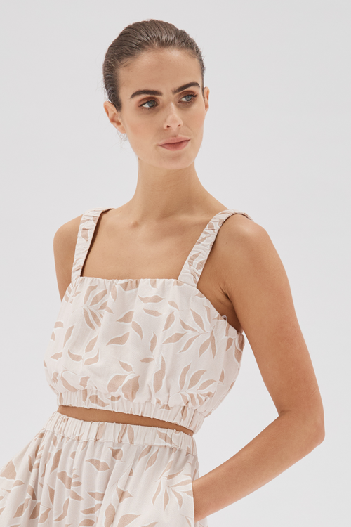 Anais White with Leaf Print Strappy Crop Top WW Top Staple The Label   