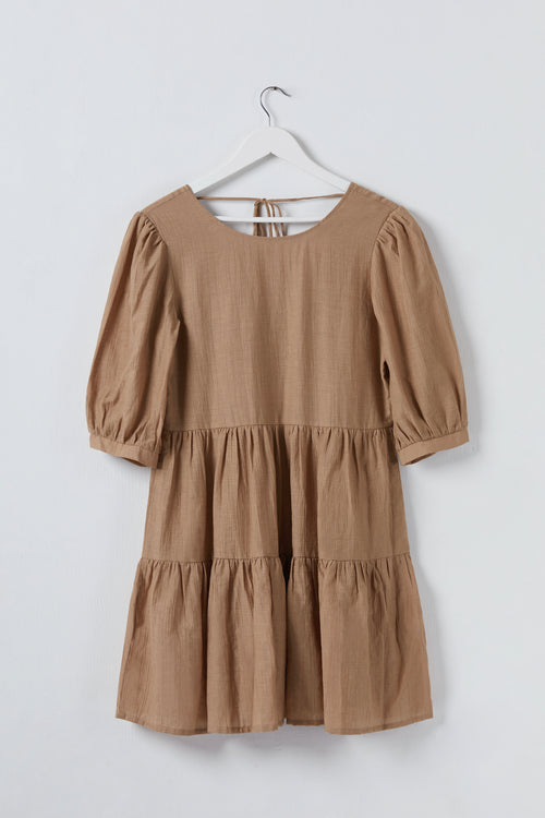 Anytime Caramel Tie Back SS Puff Sleeve Tiered Mini Dress WW Dress Among the Brave   