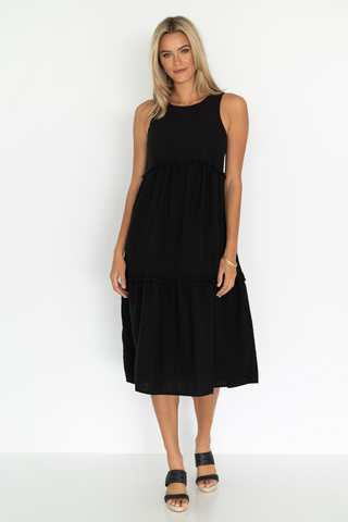 Ava Frill SL Tiered Linen Black Midi Dress WW Dress Humidity Lifestyle   