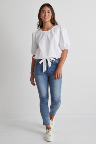 Cameron White Poplin Puff SS Front Tie Top WW Top Ivy + Jack   