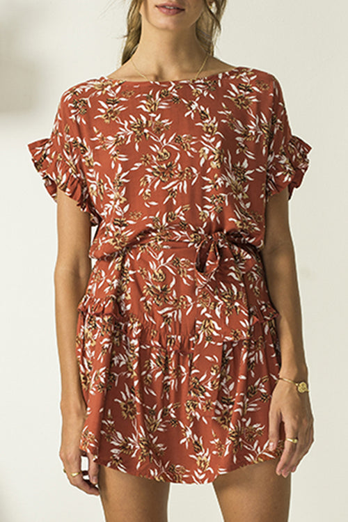Mariee SS Ruffle Tie Rust Floral Mini Dress WW Dress Bird + Kite   