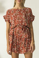 Mariee SS Ruffle Tie Rust Floral Mini Dress