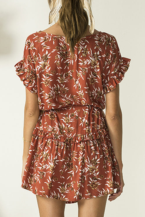 Mariee SS Ruffle Tie Rust Floral Mini Dress WW Dress Bird + Kite   