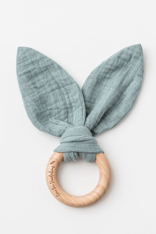 Organic Muslin + Natural Beechwood Bunny Ear Teether Sage HW Kids Not specified   