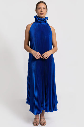 Bisous Cobalt Blue Mini High Neck Satin Pleated Dress WW Dress L'idee   
