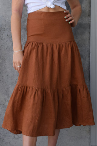 Blazing Nutmeg Tiered Linen Midi Skirt WW Skirt Among the Brave   