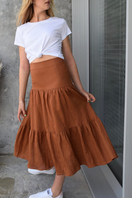 Blazing Nutmeg Tiered Linen Midi Skirt WW Skirt Among the Brave   