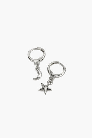 Moon and Star Rhodium Huggie Earrings ACC Jewellery Flo Gives Back 15% to Women In Need   