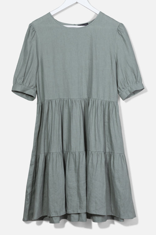 Breathtaking Puff Sleeve Moss Tiered Linen Smock Dress WW Dress Among the Brave   