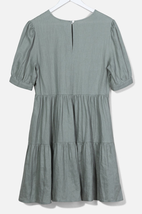 Breathtaking Puff Sleeve Moss Tiered Linen Smock Dress WW Dress Among the Brave   
