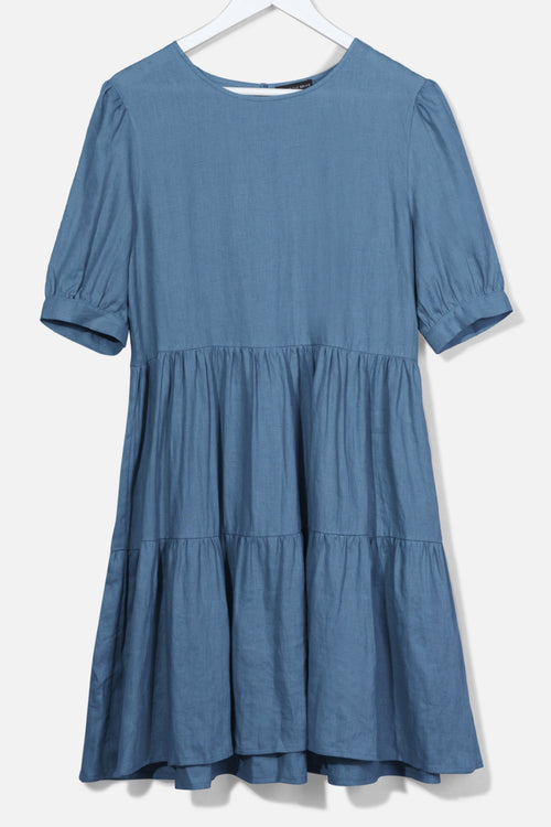 Breathtaking Puff Sleeve Pigeon Blue Tiered Linen Smock Dress WW Dress Among the Brave   