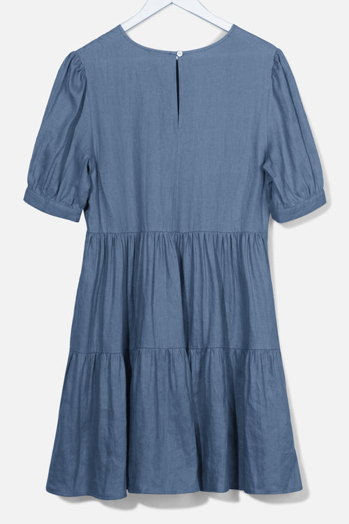 Breathtaking Puff Sleeve Pigeon Blue Tiered Linen Smock Dress WW Dress Among the Brave   