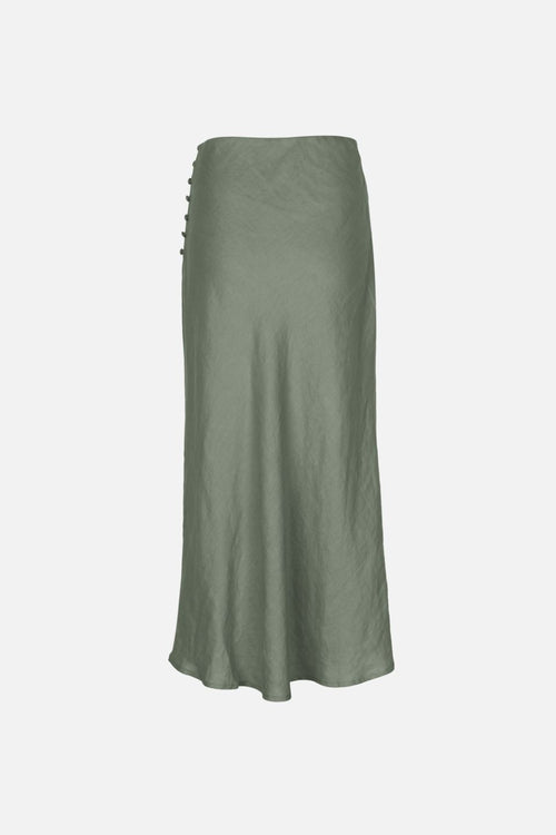Utopia Bias Khaki Linen Midi Skirt with Self Buttons WW Skirt Among the Brave   