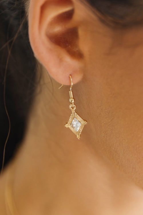 Clear Gem Diamond Shape Gold Earrings ACC Jewellery Flo Gives Back 15% to Women In Need   