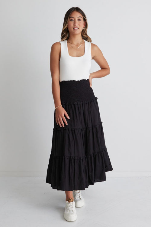 Soaring High Black Cotton Shirred Waist Tiered Maxi Skirt WW Skirt Among the Brave   