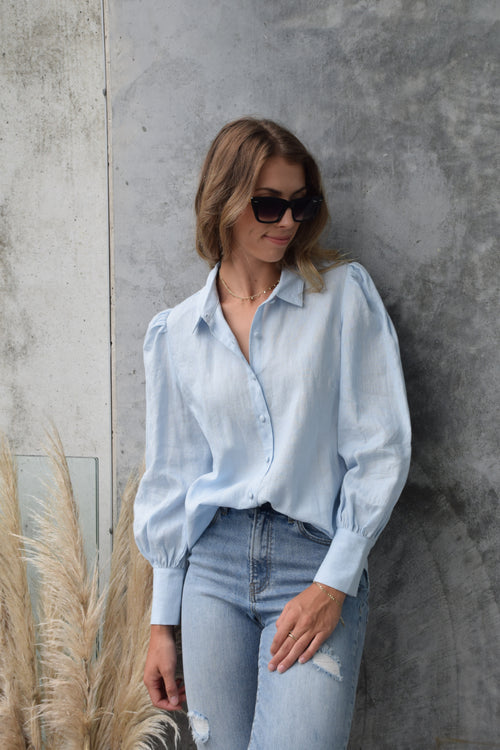 Champion Ice Blue Puff Sleeve Linen Shirt with Deep Cuff WW Top Among the Brave   