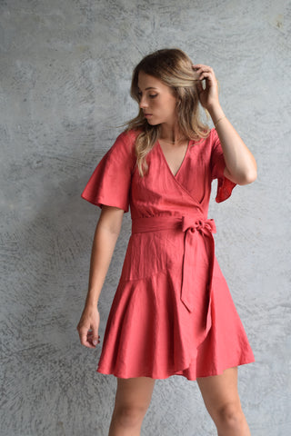 Confidence Ruby Flutter Sleeve Linen Wrap Dress WW Dress Among the Brave   