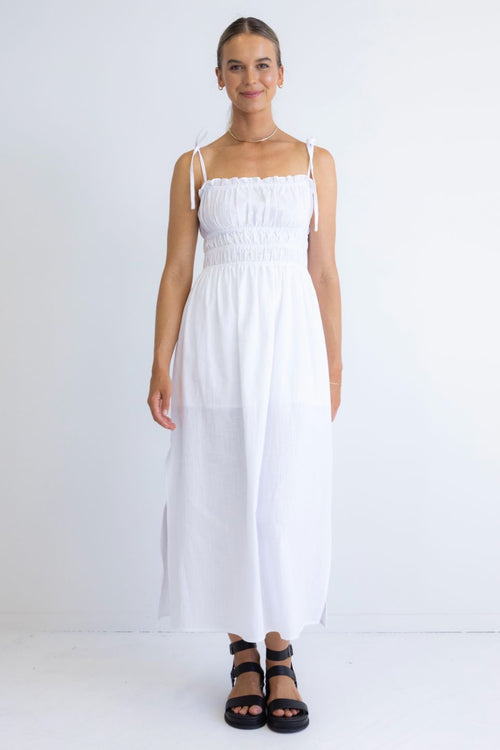 Arcadia White Cotton Gathered Tie Strap Midi Dress WW Dress Among the Brave   