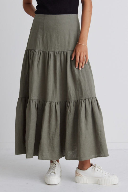 Blazing Moss Tiered Linen Midi Skirt WW Skirt Among the Brave   
