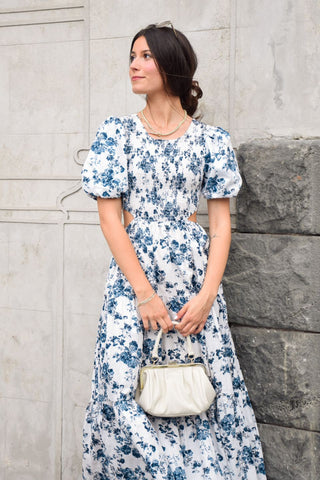 Milano Blue Floral Poplin Puff SS Cut Out Waist Tiered Maxi Dress WW Dress Ivy + Jack   