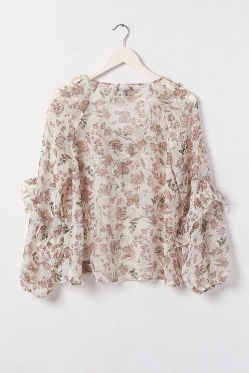 Day Dream Ivory Floral Frill Neck LS Frill Sleeve Top WW Top Among the Brave   
