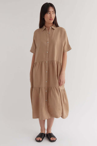 Tiered Camel SS Linen Maxi Shirt Dress WW Dress Assembly Label   