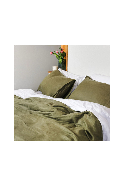 Belgian Washed Linen King Olive Duvet Cover Set HW Linen - Teatowel, Table, Bedding, Towel George Street Linen   