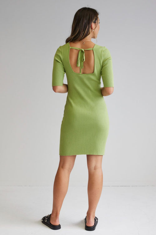 Titan Citrus Green Square Neck Tie Back Half Sleeve Rib Knit Mini Dress WW Dress Among the Brave   