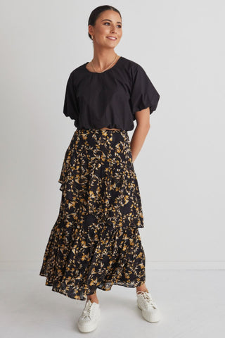 Amelia Gold Floral Asymetrical Tiered Skirt