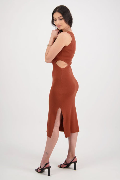 Soiree Terracotta Rib Knit Cut Out V Neck Tank Dress WW Dress Among the Brave   