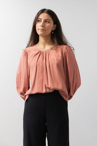 Easy Going Reversible Terracotta Satin Shirred Cuff Puff Sleeve Top WW Top Among the Brave   