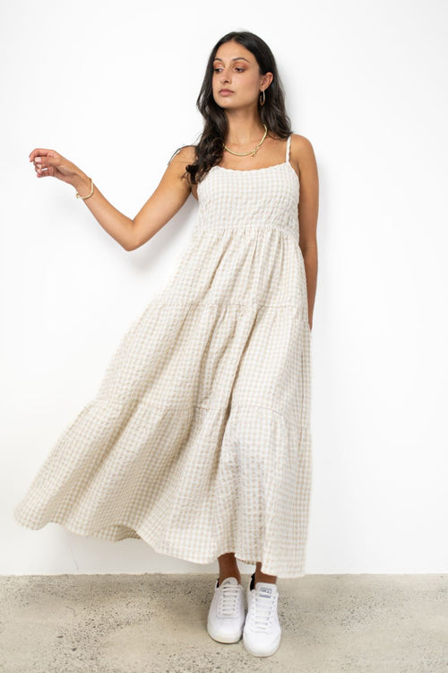 Eden Sand Check Cotton Blend Strappy Tiered Empire Midi Dress WW Dress Ivy + Jack   