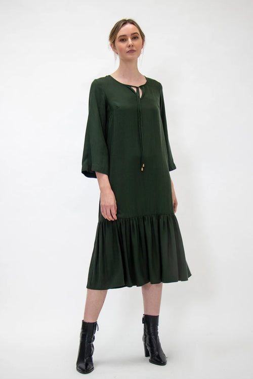 Emily LS Tiered Tencel Khaki Midi Dress WW Dress Staple + Cloth   
