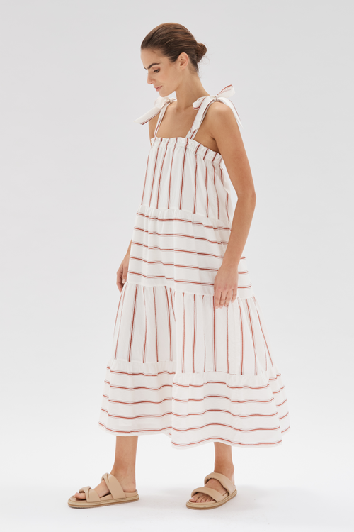 Esmee Sienna Stripe White Tiered Strappy Midi Dress WW Dress Staple The Label   