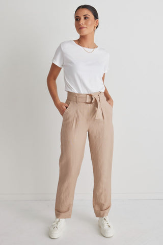 Journey Mocha Linen Belted Pleat Front Tapered Leg Pant