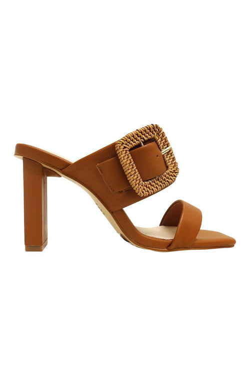 Elia Nude Double Strap Raffia Buckle Mule Heel General Solsana   