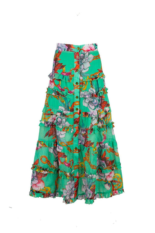 Fulfil The Frill Tiered Green Print Midi Skirt WW Skirt Coop   