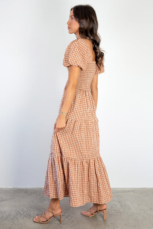 Raven Caramel Cotton Check Square Neck Bubble SS Tiered Midi Dress WW Dress Ivy + Jack   