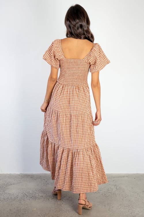 Raven Caramel Cotton Check Square Neck Bubble SS Tiered Midi Dress WW Dress Ivy + Jack   