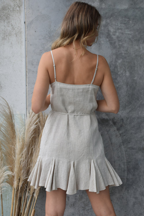 Fantasy Natural Strappy Godet Linen Mini Dress WW Dress Among the Brave   