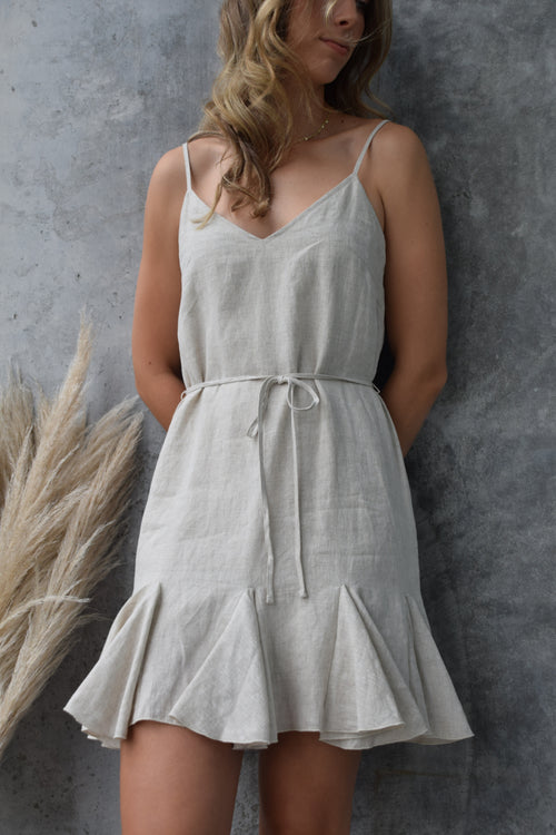 Fantasy Natural Strappy Godet Linen Mini Dress WW Dress Among the Brave   