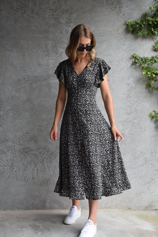 Flawless Black Floral Fluted Sleeve Button Front Midi Dress WW Dress Among the Brave   