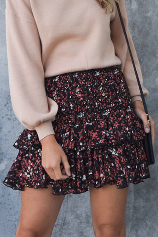 Foxy Black Leaf Shirred Double Frill Mini Skirt WW Skirt Among the Brave   