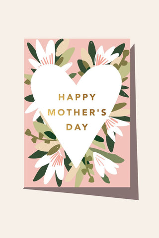 Happy Mothers Day White Heart with Flowers Greeting Card HW Greeting Cards Elm Paper   