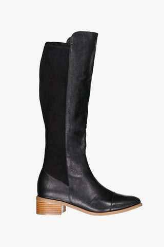 Gemma Black Knee High Black Leather Boot with Stretch Suede ACC Shoes - Boots Minx   