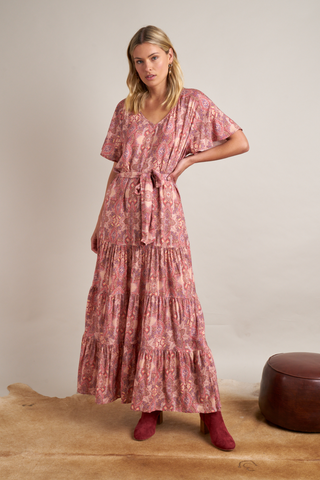Ayla Pink Multi Wandering Soul V Tiered Maxi Dress WW Dress Gysette   
