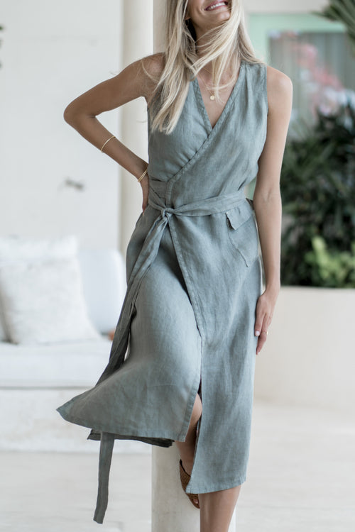 The Wrap Khaki Linen Midi SL Dress WW Dress Humidity Lifestyle   