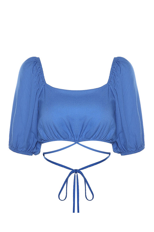 Harlow Cornflower Linen Blend Square Neck Puff SS Tie Waist Crop Top WW Top Ivy + Jack   