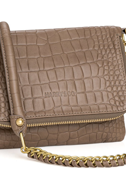 Bobi Leather Fold Over Fawn Croc Emboss Clutch with Gold Chain ACC - Bags - Clutches, Shoulder etc Harry & Co   