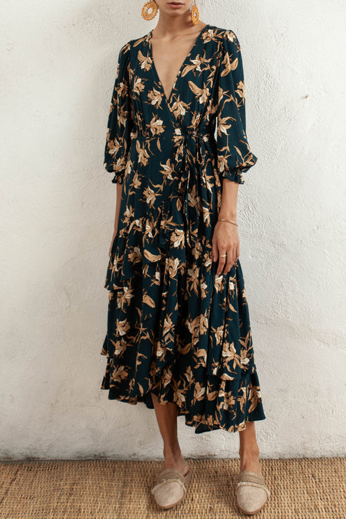 Bonita Peacock Floral LS Wrap Midi Dress WW Dress Bird + Kite   